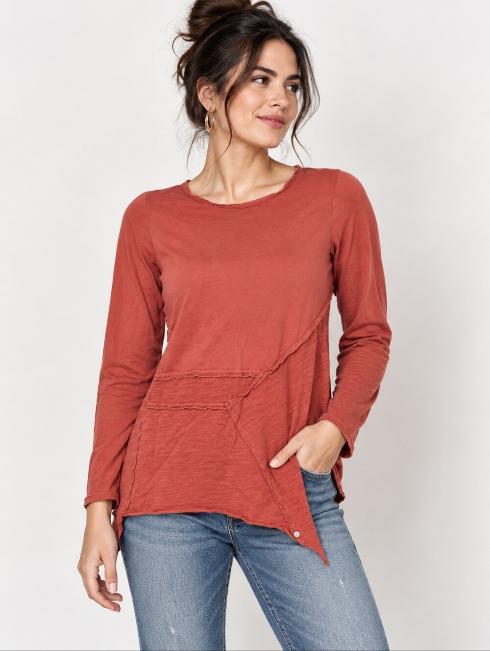 Neon Buddha XS Terra Cotta Patchwork Asymmetrical Cotton Tunic Top